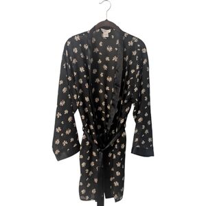 Vintage Vertigineux Black Daisy Print Semi Sheer Robe With Tie. Women's OS